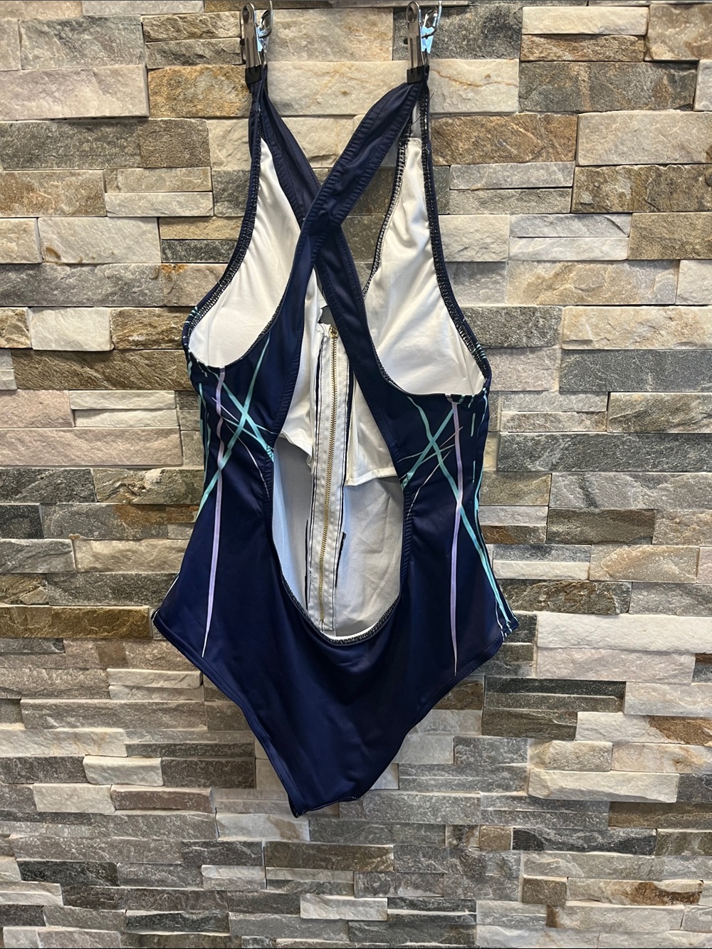 Women’s Navy One-Piece Swimsuit with Front Zip and Pastel Accent Print - Picture 4 of 8